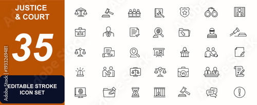 Justice and court web icons in line style. Legal judgment, courtroom proceedings, criminal investigation, lawyer consultation, gavel, jury. Editable stroke. Vector illustration.