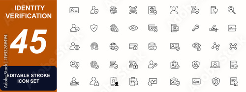 Identity verification web icons in line style. Fingerprint security, passport authentication, access control, document badge, user login, DNA scan. Editable stroke. Vector illustration.