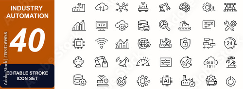 Industry automation web icons in line style. Smart factory, IoT sensors, cloud computing, robotics control, production workflow, big data analytics. Editable stroke. Vector illustration.