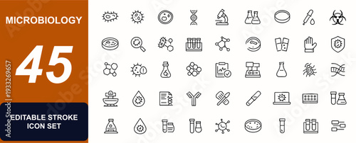 Microbiology web icons in line style. Bacteria structure, cell anatomy, pathogen research, microscope analysis, petri culture, biotech assay. Editable stroke. Vector illustration.