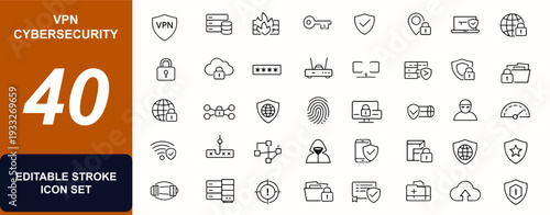 VPN cybersecurity web icons in line style. Privacy protection, encrypted proxy, firewall security, anonymous access, data server, shield interface. Editable stroke. Vector illustration.