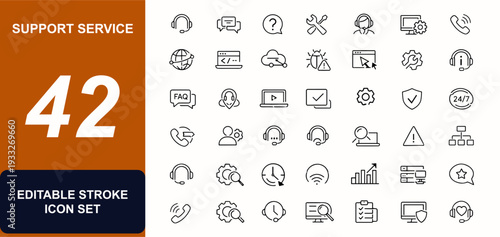 Support Service Helpline web icons in line style. Call center operator, helpdesk contact, remote troubleshooting, customer support. Editable stroke. Vector illustration.