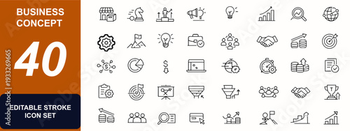 Business concept web icons in line style. Cost strategy, revenue chart, workflow gear, leadership, client network, performance metrics. Editable stroke. Vector illustration.