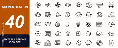 Air ventilation web icons in line style. Fan symbol, oxygen flow, breeze graphic, pollution control, air quality monitor, airflow system. Editable stroke. Vector illustration.