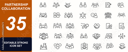 Partnership collaboration web icons in line style. Handshake, alliance, negotiation, business network, teamwork, agreement, communication. Editable stroke. Vector illustration.