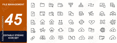 Download file management web icons in line style. Cloud, folder, transfer, document, upload arrow, browser, workflow, secure sync, network data. Editable stroke. Vector illustration.