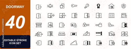 Doorway web icons in line style. Entry exit symbols, push pull door, key access, garage entrance, emergency exit, doorbell alert. Editable stroke. Vector illustration.