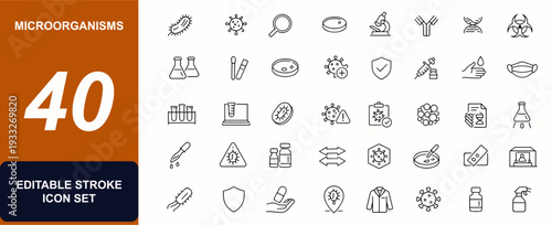 Microorganisms web icons in line style. Microscope, petri dish, virus research, pathogen detection, immune response, laboratory biology symbols. Editable stroke. Vector illustration.