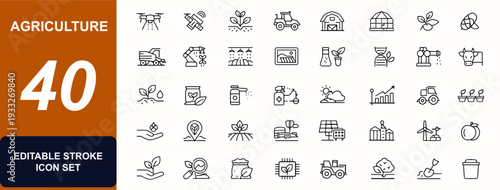 Agriculture web icons in line style. Precision farming, drone spraying, greenhouse control, farm robotics, biotech, tractor field. Editable stroke. Vector illustration.