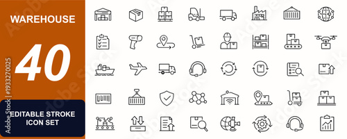 Warehouse web icons in line style. Forklift operations, pallet rack, inventory tracking, cargo shipping, storage depot, barcode scanner, logistics hub. Editable stroke. Vector illustration.