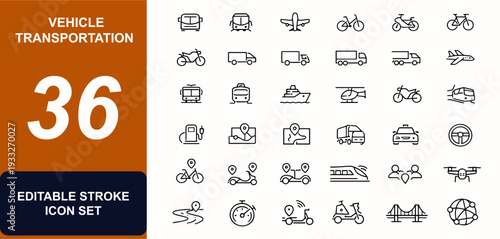 Vehicle transportation web icons in line style. Mobility, logistics, commuter, taxi, metro, cargo, wheels, traffic symbols. Editable stroke. Vector illustration.