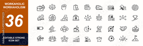 Workaholic workaholism web icons in line style. Burnout, stress, fatigue, deadline, office, multitask, overtime, productivity, balance set. Editable stroke. Vector illustration.