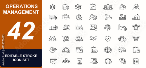 Operations management web icons in line style. Workflow control, supply chain, maintenance planning, process improvement, automation, analytics. Editable stroke. Vector illustration.