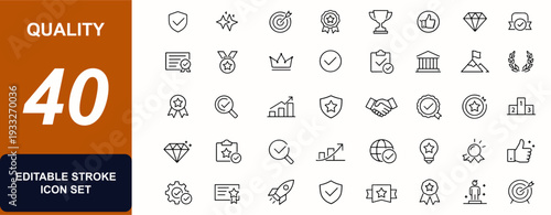 Quality web icons in line style. Certification badge, premium guarantee, trust seal, excellence award, accreditation medal, verified emblem. Editable stroke. Vector illustration.