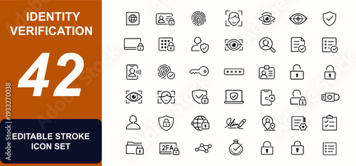 Identity verification web icons in line style. Biometric authentication, passport, fingerprint, face scanner, privacy shield, login access. Editable stroke. Vector illustration.