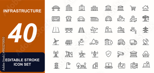 Infrastructure web icons in line style. Transport hub, energy grid, bridge, subway, public buildings, sewage system, city planning. Editable stroke. Vector illustration.