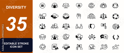 Diversity web icons in line style. multicultural community, equality symbol, human rights, inclusive workplace, tolerance, unity, people, culture. Editable stroke. Vector illustration.