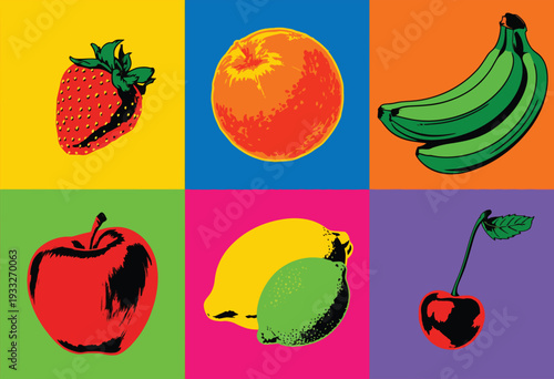 Posterized Pop Art Style Fruit Collection Featuring Apple, Orange, Strawberry, Raspberry, Lemon and Peach, Bold Colorful Graphic Illustration for Modern Kitchen and Print Design