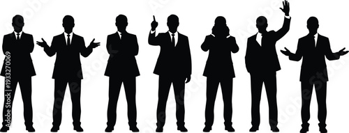 Black silhouettes of businessmen in different poses and office gestures