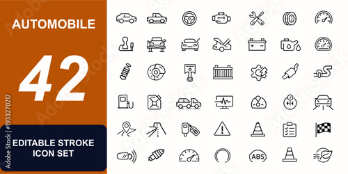 Automobile web icons in line style. Engine repair, garage tools, mechanic service, fuel system, brake maintenance, dashboard gauge, towing vehicle. Editable stroke. Vector illustration.