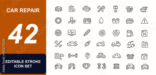 Car repair web icons in line style. Engine diagnostics, garage tools, mechanic service, vehicle inspection, piston system, transmission repair. Editable stroke. Vector illustration.