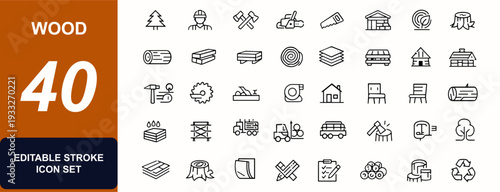 Wood web icons in line style. Lumberjack tools, chainsaw cutting, sawmill timber, carpentry furniture, pallet construction, forest logging. Editable stroke. Vector illustration.