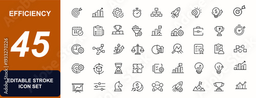 Efficiency web icons in line style. Workflow, automation, gear, target, productivity, time planning, growth chart, strategy, process balance. Editable stroke. Vector illustration.