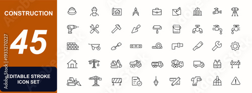 Construction web icons in line style. Engineering tools, helmet, blueprint, crane, bulldozer, house, brick, wrench, shovel. Editable stroke. Vector illustration.