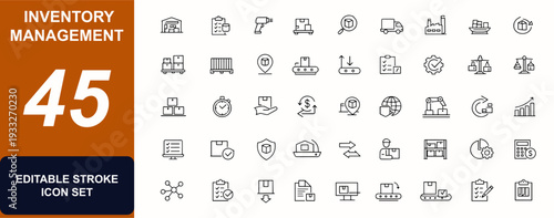 Inventory Management web icons in line style. Warehouse, logistics, stock, package, distribution, factory, shipping, supply, retail, monitoring. Editable stroke. Vector illustration.