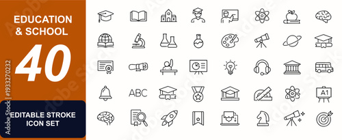 Education & School web icons in line style. Classroom, diploma, teacher, library, graduation, science, book, university, certificate, student set. Editable stroke. Vector illustration.