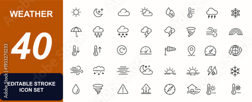 Weather web icons in line style. Forecast symbols, storm cloud, temperature gauge, humidity, rain snow sun, barometer, climate UI signs. Editable stroke. Vector illustration.