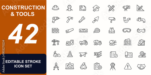 Construction and tools web icons in line style. Builder, renovation, hammer, drill, blueprint, crane, helmet, safety. Editable stroke. Vector illustration.