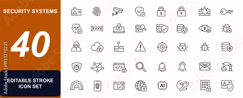 Security systems web icons in line style set. CCTV, access control, biometric login, firewall, cyber monitoring, shield lock, secure UI. Editable stroke. Vector illustration.