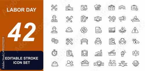 Labor Day web icons in line style. Workforce solidarity, safety helmet, union support, industrial tools, construction wrench, factory gear. Editable stroke. Vector illustration.