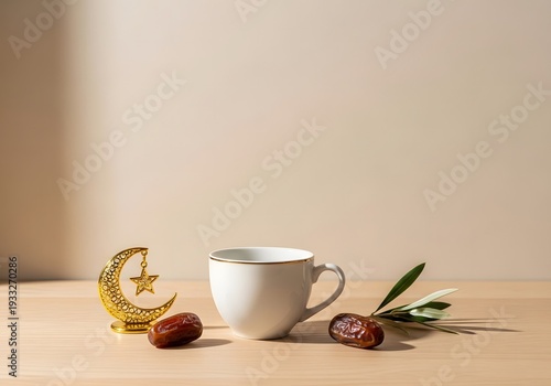 Ramadan still life with dates and a crescent moon decoration near a teacup