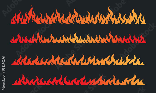 Red and orange fire flame seamless borders vector set isolated on black background
