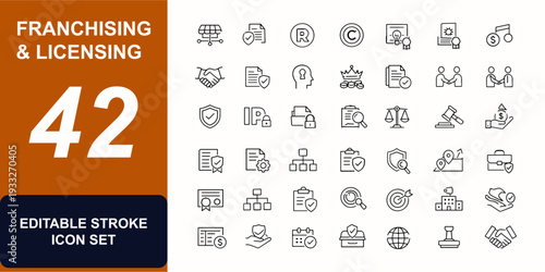 Franchising and Licensing web icons in line style. Contract, trademark shield, patent, royalty, compliance, authorization permit, IP ownership. Editable stroke. Vector illustration.