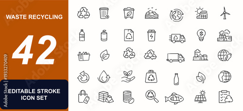 Waste recycling web icons in line style. Sustainability, segregation, bin, compost, landfill, circular, bottle, battery, cleanup. Editable stroke. Vector illustration.
