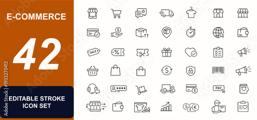 E-commerce and shopping web icons in line style. Checkout, payment, cart, shipment, promo, wishlist, marketplace, secure transaction. Editable stroke. Vector illustration.