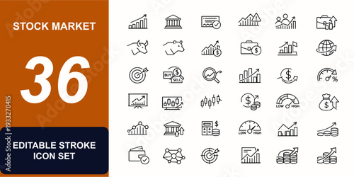 Stock market web icons in line style. Investment, trading strategy, portfolio chart, bull bear, exchange finance, economic analysis. Editable stroke. Vector illustration.