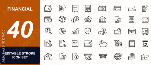 Financial web icons in line style. Accounting, wallet, invoice, ATM, receipt, money transfer, expense tracking, banking, cash management, transaction monitoring. Editable stroke. Vector illustration.