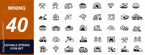 Mining web icons in line style. Excavator, miner helmet, coal wagon, diamond, gold panning, quarry machinery, ore, tunnel, geology. Editable stroke. Vector illustration.
