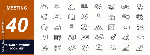 Meeting web icons in line style. Collaboration, conference agenda, speaker, handshake, team planning, corporate workspace. Editable stroke. Vector illustration.