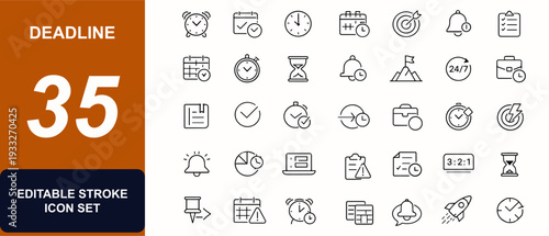 Deadline web icons in line style. Productivity, calendar, clock, reminder, schedule, timer, planner, business timing, task control, urgency tracking. Editable stroke. Vector illustration.