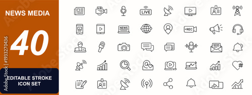 News media web icons in line style. Broadcast newsroom, journalism tools, microphone, camera, newspaper, podcast, bulletin, editorial interface. Editable stroke. Vector illustration.