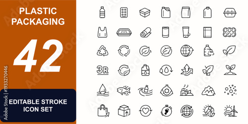 Plastic packaging web icons in line style. Recycling bottle, polymer container, blister pack, cardboard box, eco bag, refill canister, waste symbol. Editable stroke. Vector illustration.