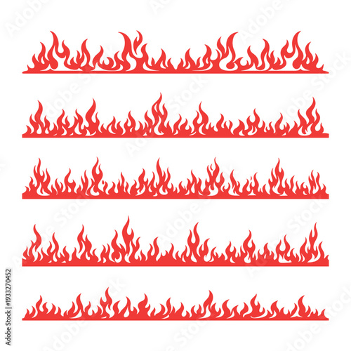 Red flame seamless borders set, cartoon fire frame dividers collection on transparent background