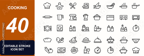Cooking web icons in line style icon set. Chef tools, frying pan, rolling pin, ingredients, baking essentials, recipe prep, utensils, kitchenware. Editable stroke. Vector illustration.