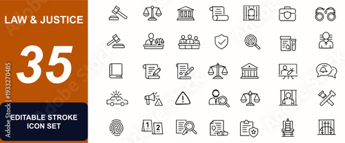 Law and justice web icons in line style. Gavel, courthouse, attorney, scales, jury, prison, handcuffs, verdict, forensic, statute, police. Editable stroke. Vector illustration.