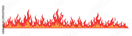 Red flame seamless border, cartoon fire horizontal divider on transparent background